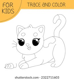 Libro de seguimiento y color con gato para niños. Colorear la página con un lindo gato de dibujos animados. Ilustración cuadrada vectorial.