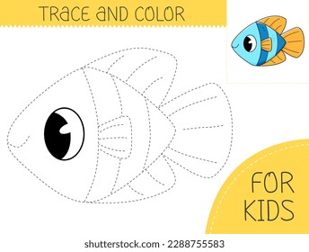 Trace and color coloring book with cute fish for kids. Coloring page with cartoon fish. Vector illustration for kids