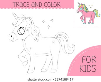 Farbenbuch mit süßem Einhorn für Kinder. Farbseite mit Cartoon unicorn. Vektorgrafik für Kinder.