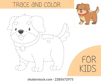 Libro de seguimiento y coloreado con perro para niños. Coloriendo página con cachorro de dibujos animados. Ilustración vectorial para los niños.