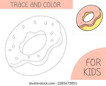 Trace and color coloring book with donut for kids. Coloring page with cartoon donut. Vector illustration for kids.