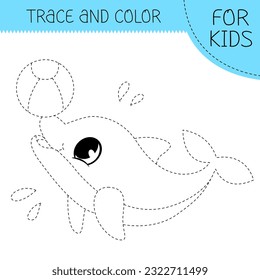 Trace and color coloring book with dophin with ball for kids. Coloring page with cute cartoon dolphin. Vector square illustration