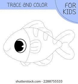 Libro de trazas y colores con peces para niños. Página de coloreado con peces de dibujos animados. Ilustración cuadrada vectorial.