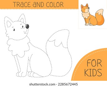 Trace and color coloring book with fox for kids. Coloring page with cartoon fox. Vector illustration for kids.