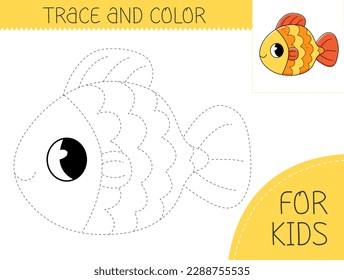 Trace and color coloring book with goldfish for kids. Coloring page with cartoon fish. Vector illustration for kids.