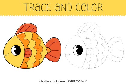 Trace and color coloring book with goldfish for kids. Coloring page with cartoon fish. Vector illustration