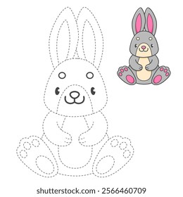 Trace and color coloring book with grey rabbit for kids. Coloring page with cartoon bunny. Vector illustration.