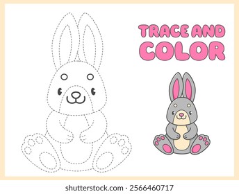 Trace and color coloring book with grey rabbit for kids. Coloring page with cartoon bunny. Vector illustration.