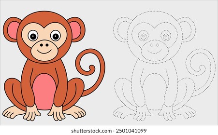 Trace y libro de colorear de color con mono para niños. Ilustración vectorial para niños.