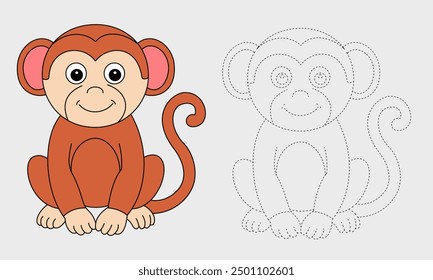 Trace and color coloring book with Monkey for kids. Vector illustration for kids.