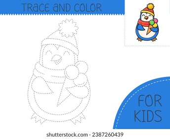 Trace and color coloring book with penguin with ice cream for kids. Coloring page with cartoon penguin. Vector illustration for kids