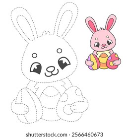 Trace and color coloring book with pink rabbit with Easter eggs for kids. Coloring page with cartoon bunny. Vector illustration.