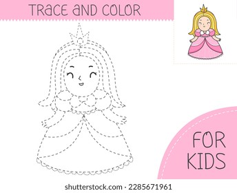 Libro de rastros y colores con princesa para niños. Coloriendo página con la princesa de caricatura. Ilustración vectorial para los niños.