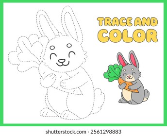 Trace and color coloring book with rabbit with carrot for kids. Coloring page with cartoon bunny. Vector illustration.