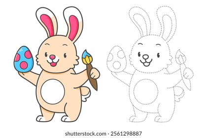 Trace and color coloring book with rabbit with Easter egg for kids. Coloring page with cartoon bunny. Vector illustration.