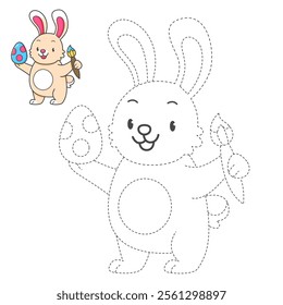 Trace and color coloring book with rabbit with Easter egg for kids. Coloring page with cartoon bunny. Vector illustration.