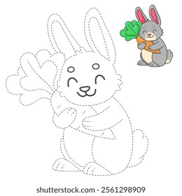 Trace and color coloring book with rabbit with carrot for kids. Coloring page with cartoon bunny. Vector illustration.