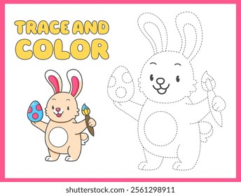 Trace and color coloring book with rabbit with Easter egg for kids. Coloring page with cartoon bunny. Vector illustration.