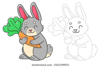 Trace and color coloring book with rabbit with carrot for kids. Coloring page with cartoon bunny. Vector illustration.