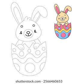 Trace and color coloring book with rabbit in the Easter egg for kids. Coloring page with cartoon bunny. Vector illustration.