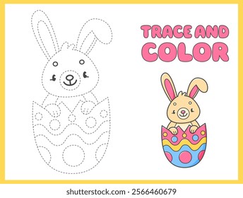 Trace and color coloring book with rabbit in the Easter egg for kids. Coloring page with cartoon bunny. Vector illustration.