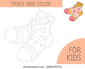 Trace and color coloring book with socks for kids. Coloring page with cartoon socks. Vector illustration for kids.