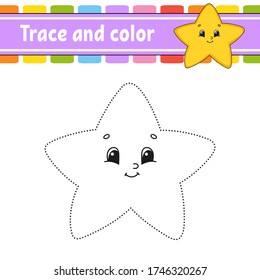 Trace and color. Coloring page for kids. Handwriting practice. Education developing worksheet. Activity page. Game for toddlers. Isolated vector illustration. Cartoon style.