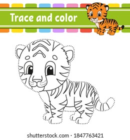 Trace and color. Coloring page for kids. Handwriting practice. Education developing worksheet. Activity page. Game for toddlers. Isolated vector illustration. Cartoon style.