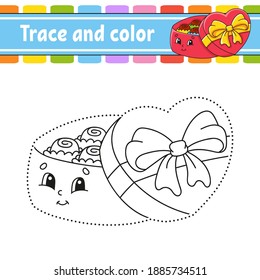 Trace and color. Coloring page for kids. Handwriting practice. Education developing worksheet. Activity page. Game for toddlers. Isolated vector illustration. Cartoon style.