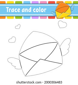 Trace and color. Coloring page for kids. Handwriting practice. Education developing worksheet. Activity page. Game for toddlers. Isolated vector illustration. Cartoon style.