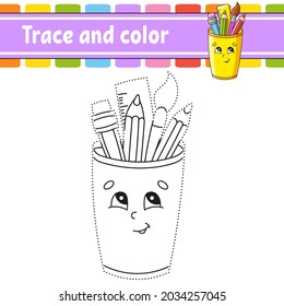 Trace and color. Coloring page for kids. Back to school theme. Handwriting practice. Education developing worksheet. Activity page. Game for toddlers. Isolated vector illustration. Cartoon style.