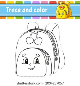 Trace and color. Coloring page for kids. Back to school theme. Handwriting practice. Education developing worksheet. Activity page. Game for toddlers. Isolated vector illustration. Cartoon style.