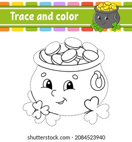 Trace and color. Coloring page for kids. Handwriting practice. St. Patrick's day. Education developing worksheet. Activity page. Game for toddlers. Isolated vector illustration. Cartoon style.