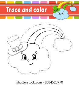 Trace and color. Coloring page for kids. Handwriting practice. St. Patrick's day. Education developing worksheet. Activity page. Game for toddlers. Isolated vector illustration. Cartoon style.