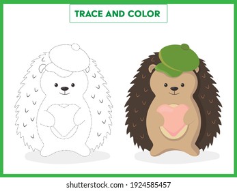 Trace and color concept with cute hedgehog holding a heart. Learning to draw and paint. Handwriting practice worksheet for preschoolers. Vector illustration.