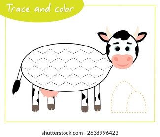 Trace and color cow. Connect the lines. Hand Trainer. Recipe for children.