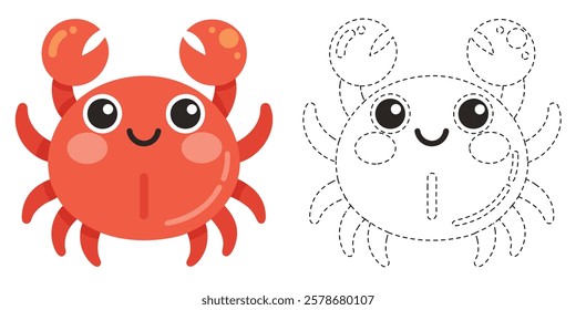 Trace and Color Crab Cartoon. Hand Drawing Practice For Kids. Cute Crab Cartoon Character Vector Illustration