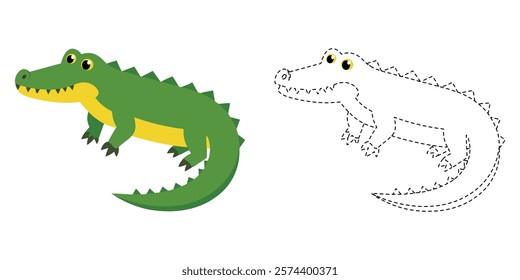 Trace and Color Crocodile. Hand Drawing Exercises For Kids. Worksheet For Preschool. Crocodile Cartoon Vector Design