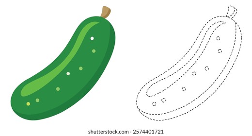 Trace and Color Cucumber. Vegetables Drawing Practice For Kids. Worksheet For Preschool. Flat Cucumber Vector Design
