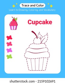 Vektor Stok Trace Color Cupcake Preschool Kids Kindergarten (Tanpa