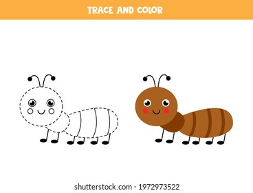 Trace and color cute ant. Educational game for kids. Writing and coloring practice.