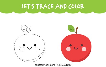 Trace and color cute Apple educational worksheet