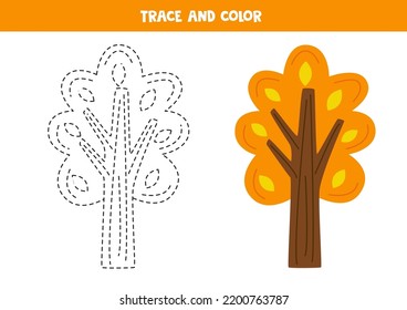 Trace And Color Cute Autumn Tree. Educational Writing Skills Worksheet.