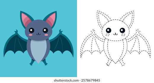 Trace and Color Cute Bat Cartoon. Hand Drawing Exercises For Preschool. Animal Coloring. Cute Bat Cartoon Character Vector Illustration
