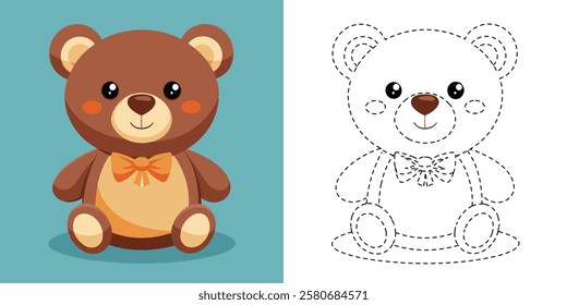 Trace and Color Cute Bear Doll Sitting Cartoon Design
