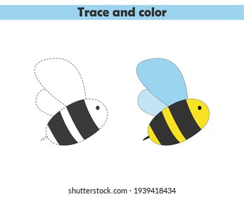 Trace und färbe die süße Biene. Zeichnen und malen lernen. Arbeitsblatt für Vorschulen. Vektorgrafik.