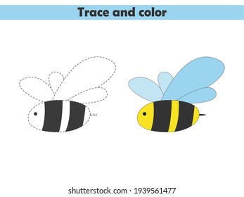 Trace and color the cute bee. Learning to draw and paint. Worksheet for preschoolers. Vector illustration.