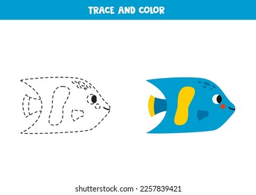 Trace and color cute blue angel fish. Worksheet for kids.
