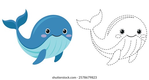 Trace and Color Cute Blue Whale Cartoon. Hand Drawing Practice For Kids. Cute Whale Cartoon Character Vector Illustration