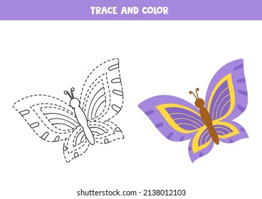 Trace and color cute butterfly. Worksheet for children.